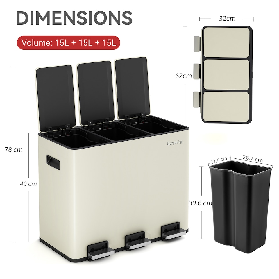 image 1 of CozyLiving 45L Triple Pedal Bin for Recycling and General Waste Rubbish Kitchen Bin 3x 15L