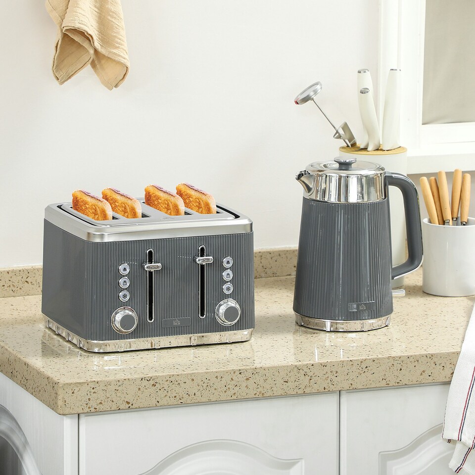 image 1 of HOMCOM 1.7L 3000W Rapid Boil Kettle and 4 Slice Toaster Set Crumb Tray Grey
