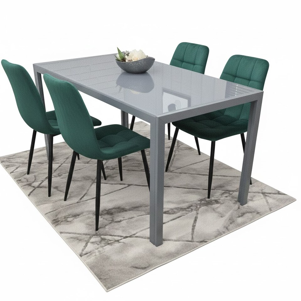 image 1 of Modern Grey Glass Dining Table Set with 4 Green velvet Chairs Dining Furniture