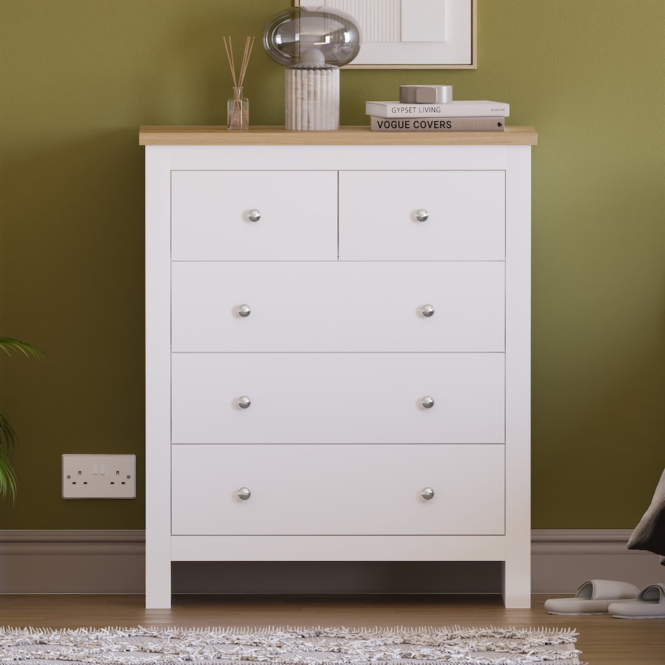 image 1 of Vida Designs Arlington 5 Drawer Chest of Drawers Shaker Bedroom Storage, White & Oak