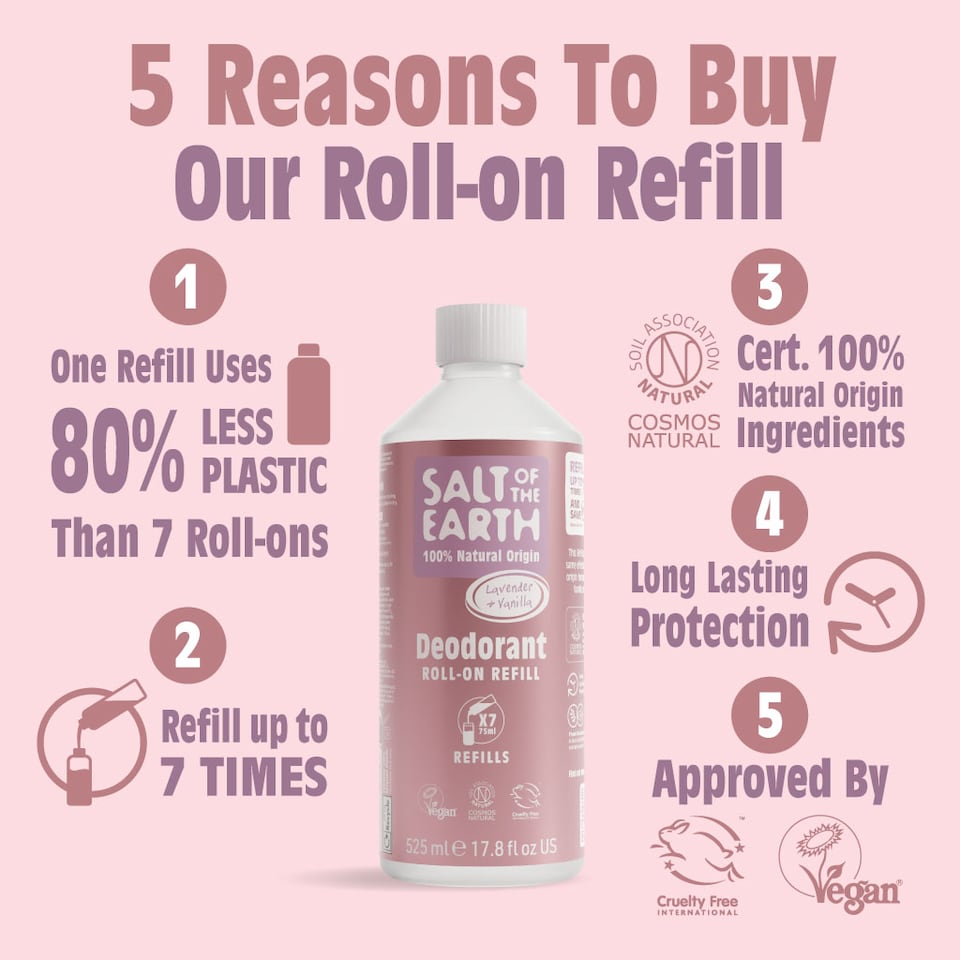 image 1 of Salt of the Earth Natural Deodorant Roll on Refill  x7 Uses Lavender & Vanilla Natural Origin Ingredients Vegan 525ml