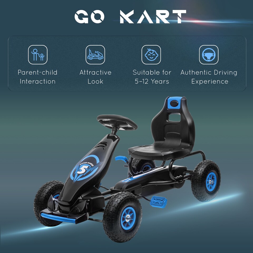 image 1 of HOMCOM Pedal Go Kart for Kids, Racing Go Kart with Adjustable Seat, Inflatable Tyres, Shock Aborb, Handbrake, for Ages 5-12 Years - Blue
