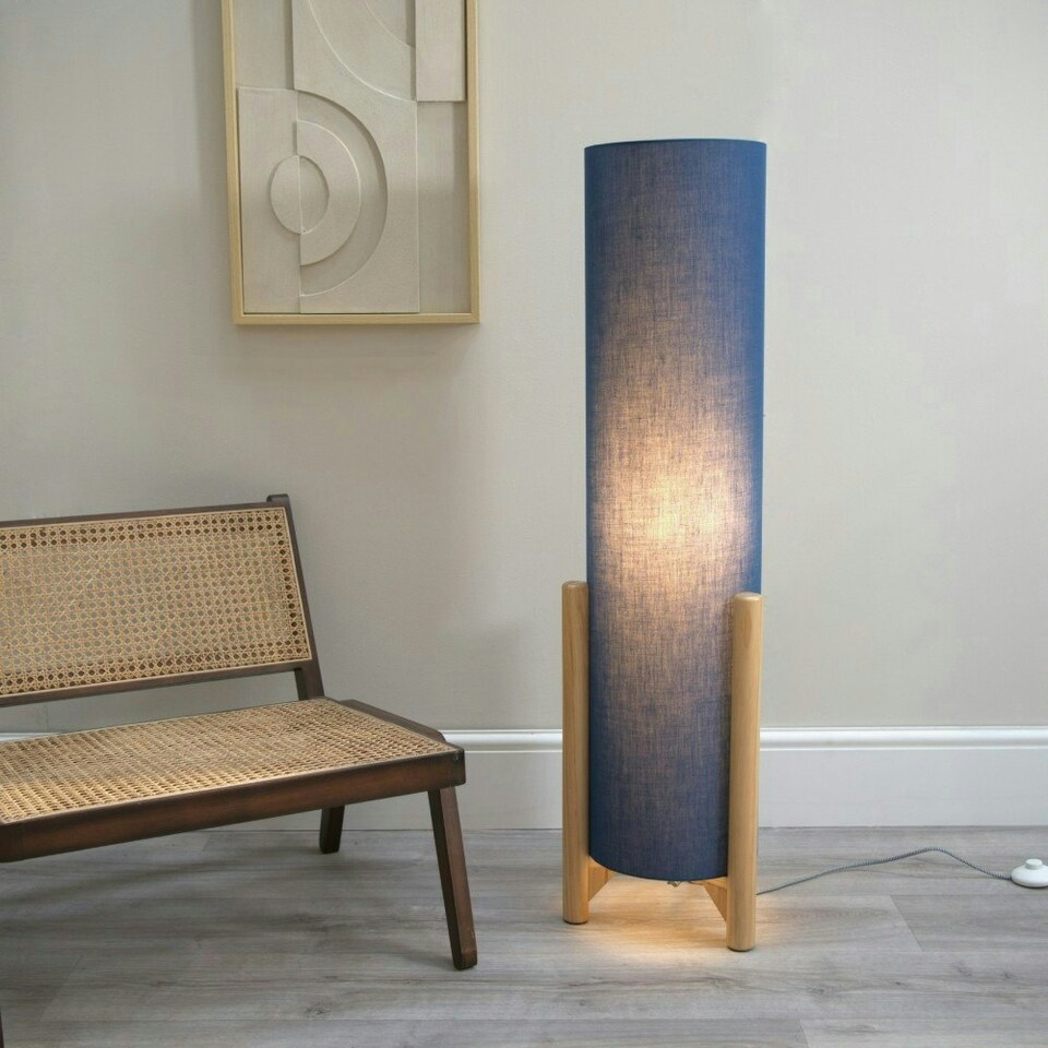 image 1 of ValueLights Henry Wooden Base Midi Floor Lamp with Tall Navy Fabric Shade with LED Bulb Blue