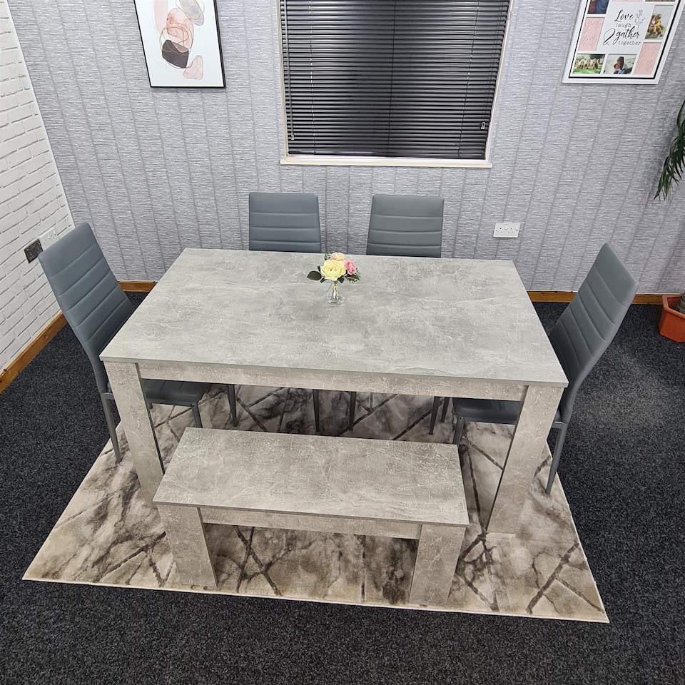 Stone Grey Effect Wood Dining Table Set with Bench and 4 Grey Chairs ...
