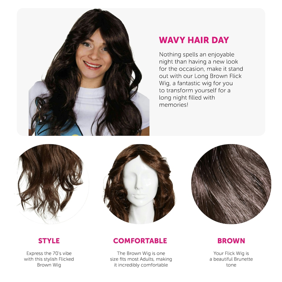 image 1 of 70s Flick Wig – Brown Retro Fancy Dress Hairpiece for Disco & Vintage Costumes Brown | One Size