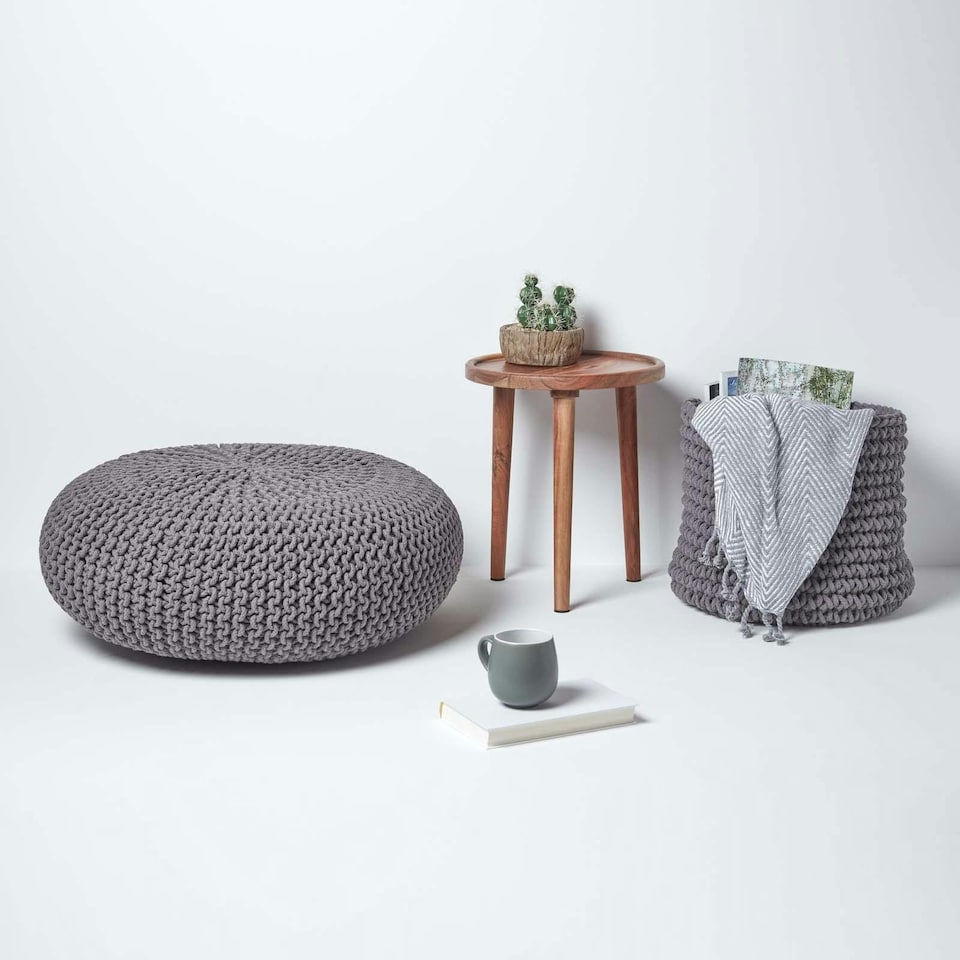 image 1 of Homescapes Dark Grey Large Round Cotton Knitted Pouffe Footstool | Grey | 70 x 23 cm