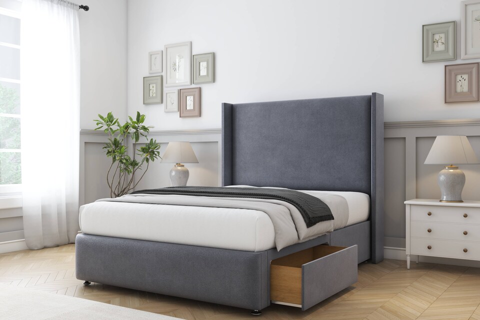 image 1 of Sloomy Stratford Steel Plush Divan Bed Base No Drawers With 54 Inch Wingback Headboard & 12 Inch Matching Footboard | Grey | Steel | Small Double | 1