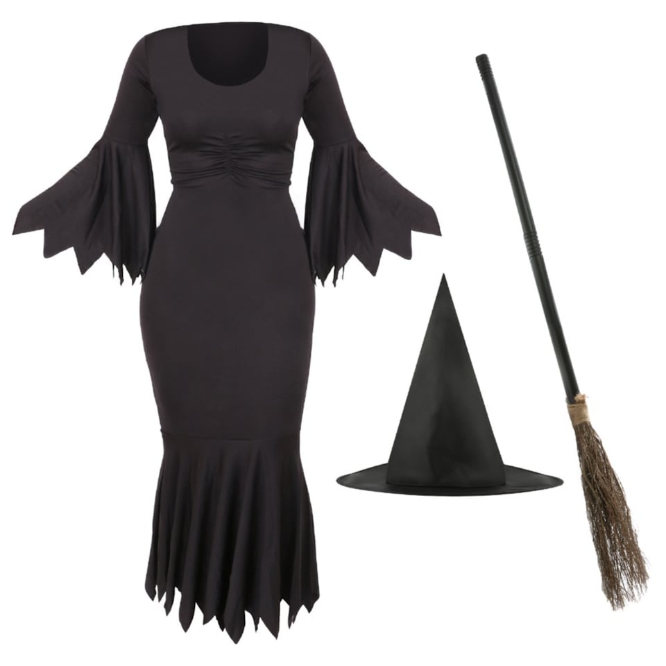 image 1 of Witch Costume - Dress Hat & Broom | Black | XS