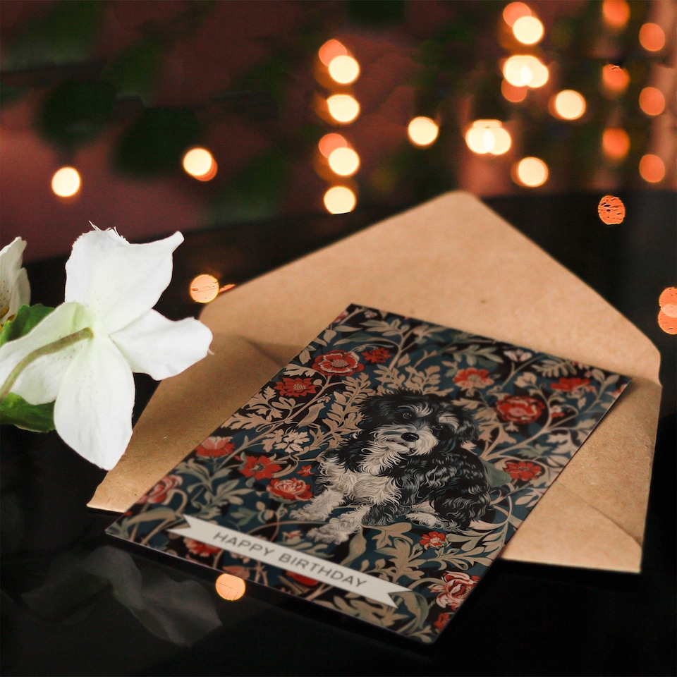 image 1 of Vintage Floral Pattern Yorkie Portrait Dog Lover Birthday Card