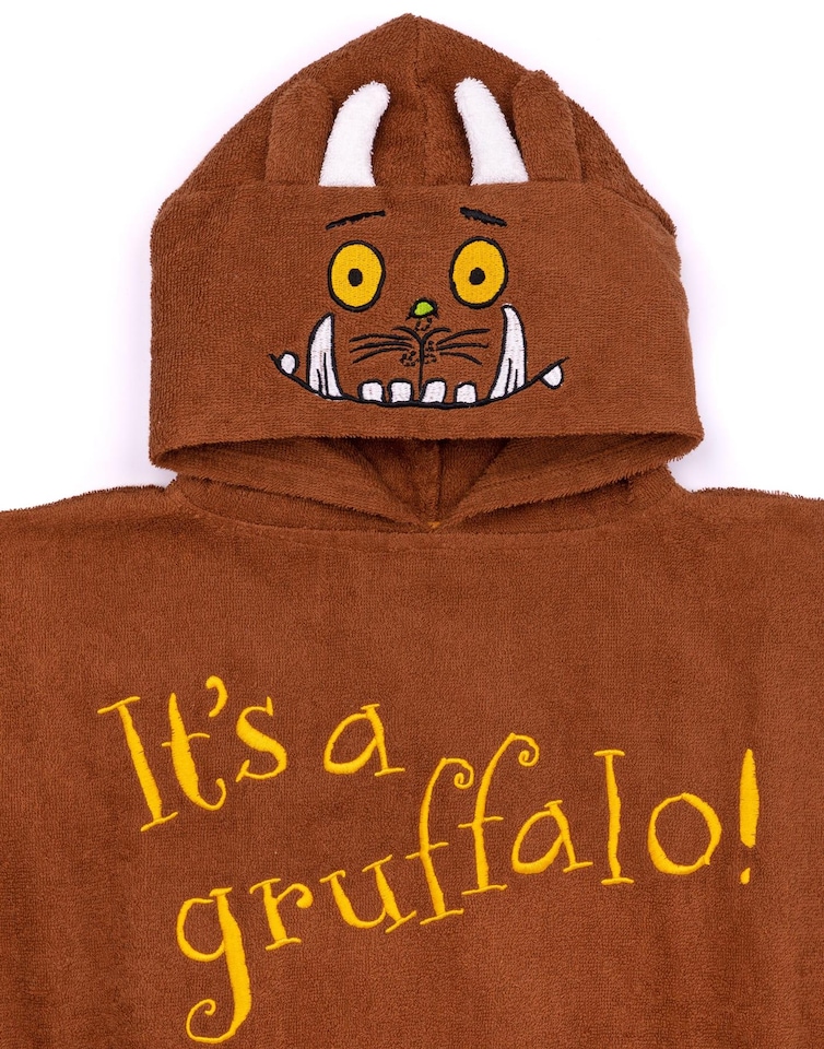 image 1 of The Gruffalo Kids Towel Poncho | Brown Bath Towel For Boys & Girls with 3D Ears | Woodlands Story Book Swimwear | Hooded Graphic Beach Cover Up | Cosy Swim Accessory Gift for Children