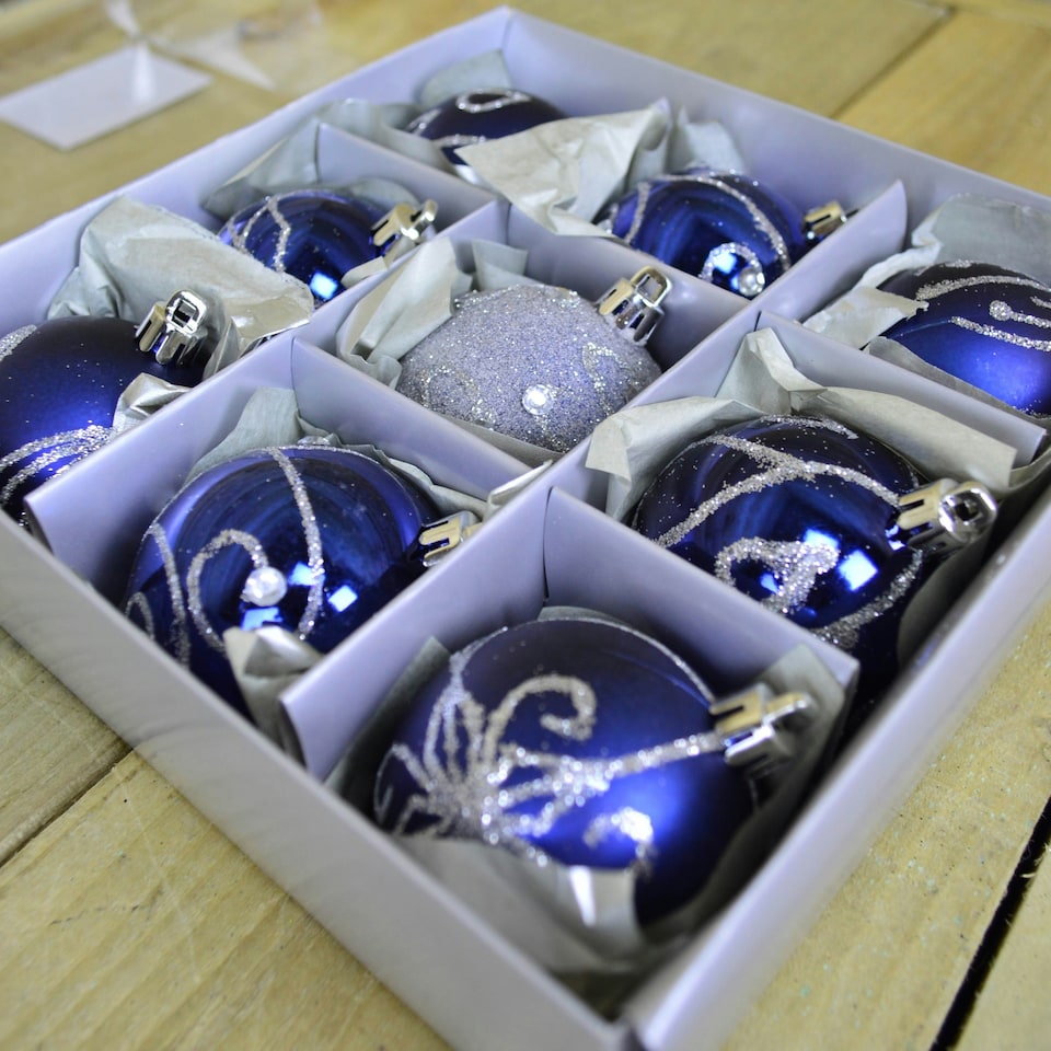 image 1 of 9 Pack Premier 60mm Deluxe Glitter Christmas Tree Baubles - Midnight Blue