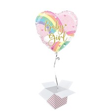 Baby Girl Pastel Rainbow Heart Shape Holographic Foil Helium Balloon - Inflated Balloon in a Box