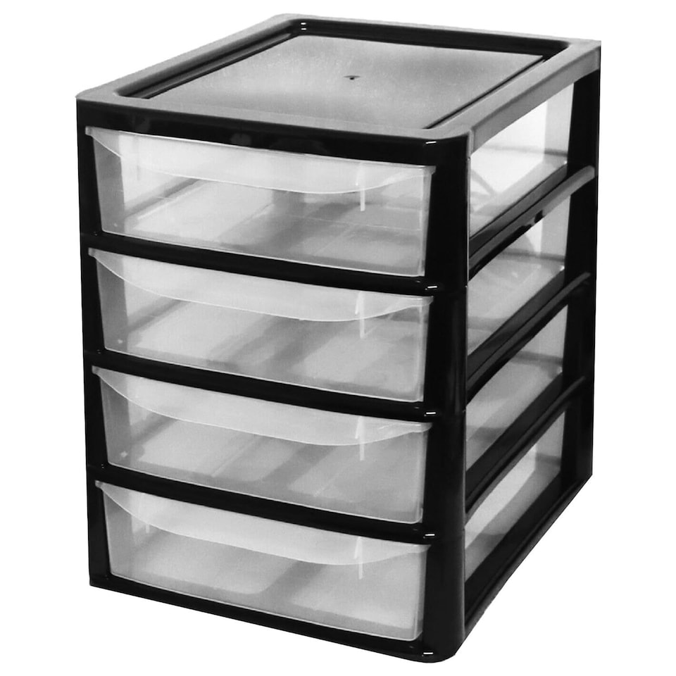 image 1 of 1 x Black A4 Table & Desktop Compact Bedside Plastic Storage Unit With 4 Clear Drawers Black