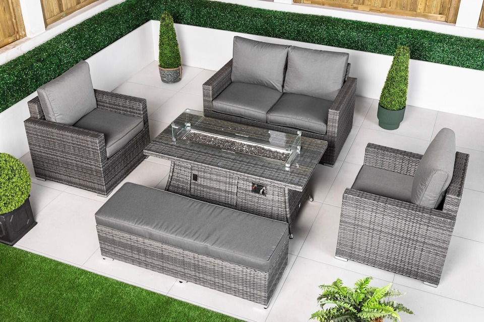 image 1 of Sydney Loveseat Sofa Rattan Garden Furniture Outdoor Lounge Set with Arm Chairs, Fire Pit Coffee Table & Bench | Grey | Grey | Four Seater