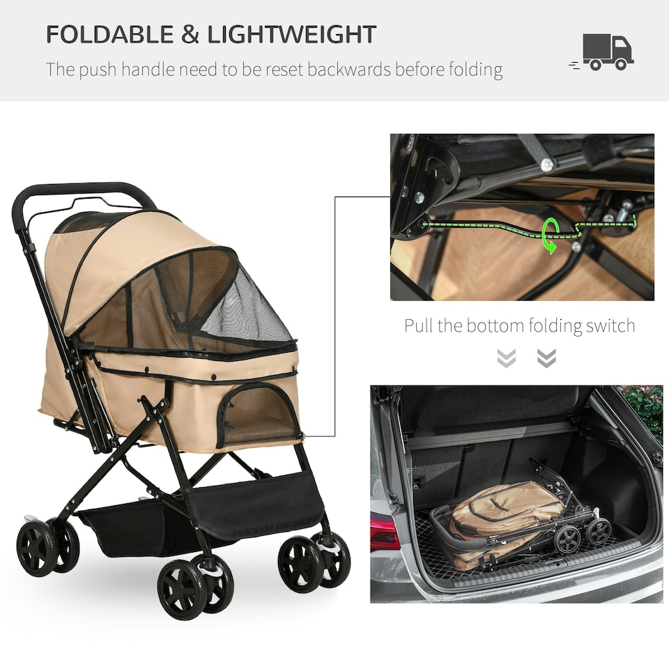 image 1 of PawHut Pet Stroller Dog Foldable Travel Carriage with Reversible Handle, Brown