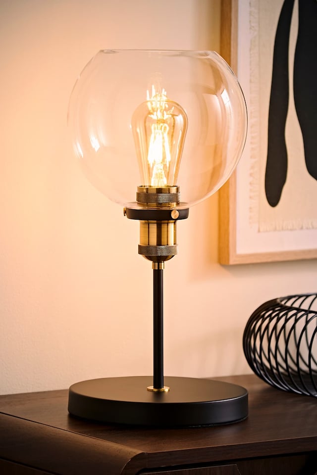 image 1 of ValueLights Sheridan Pair Industrial Black & Gold Table Lamps Clear Glass Globe Shades | Black