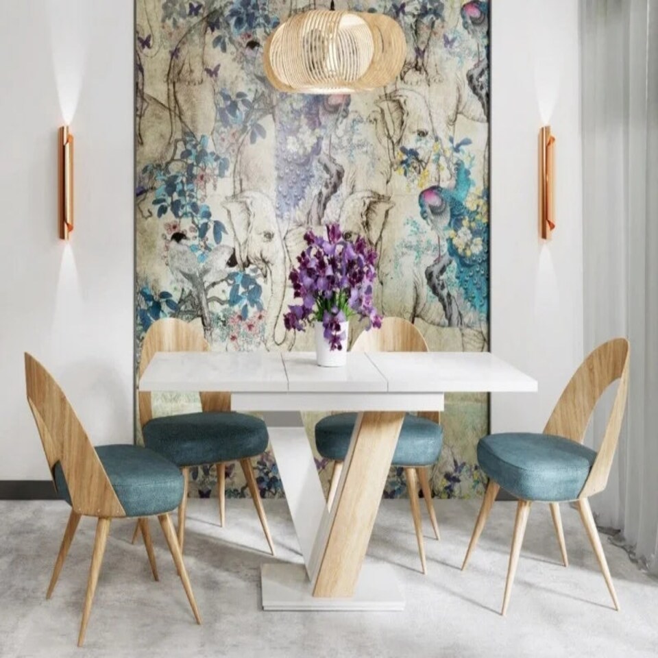image 1 of Extendable Dining Table 120-160cm V Legs 6-8 Seater White Gloss / Sonoma Oak Effect - Masy Pro