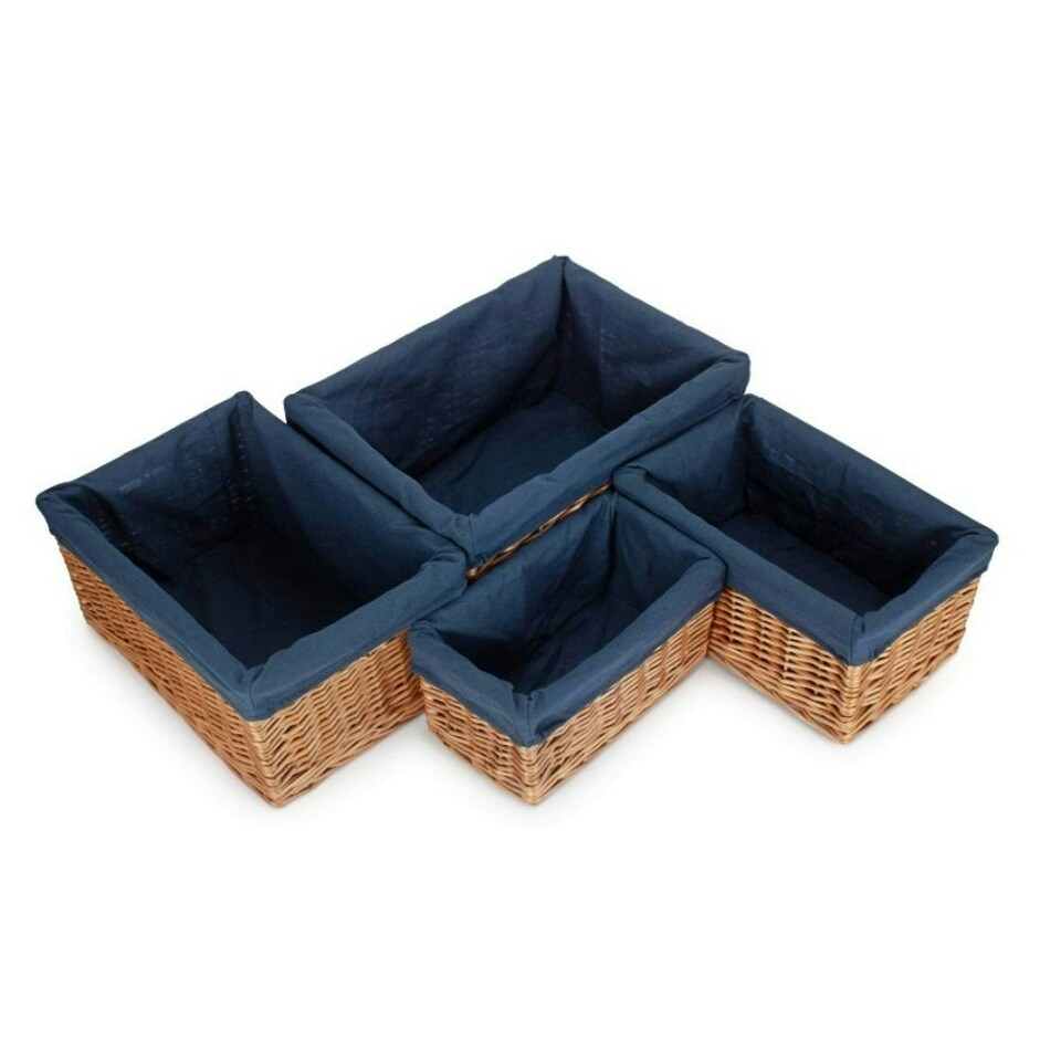image 1 of Double Steamed Navy Cotton Lined Willow Storage Baskets Blue | S