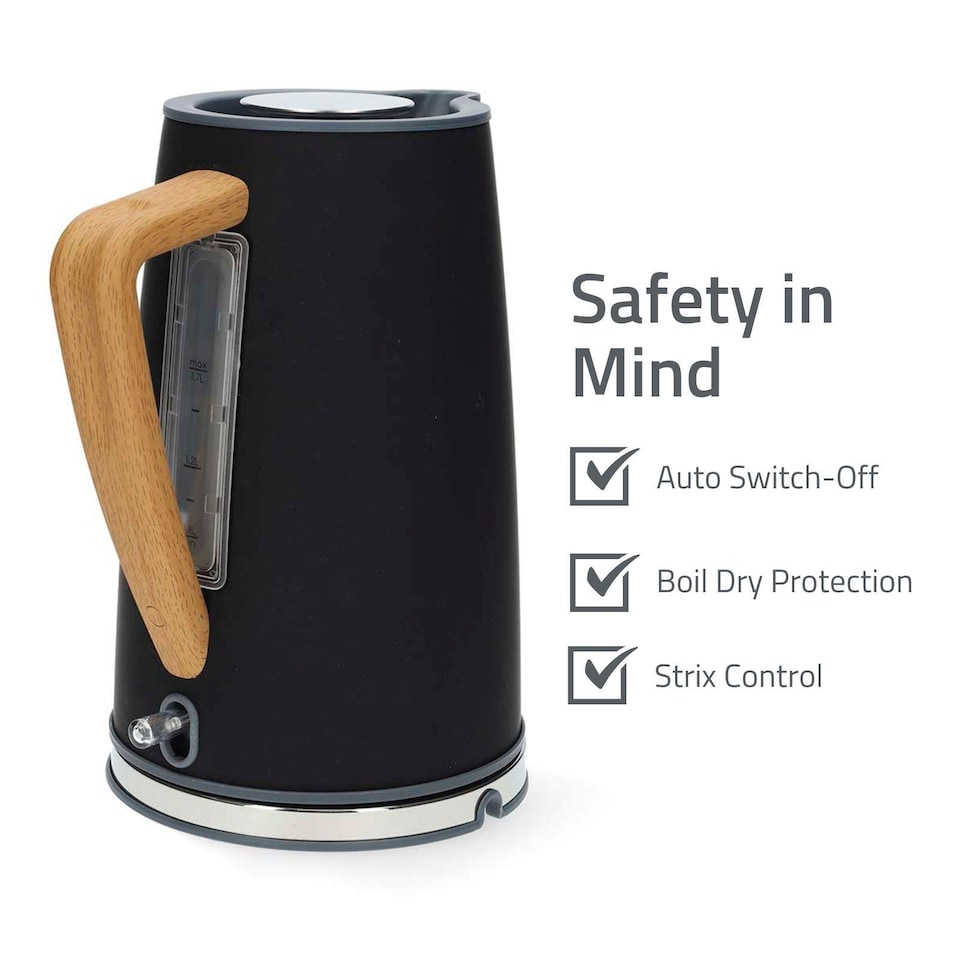 image 1 of Nedis 1.7L Soft Touch Jug Kettle with Wood Effect Handle, Overheat Protection, Removeable Filter, 2.2KW - Matte Black