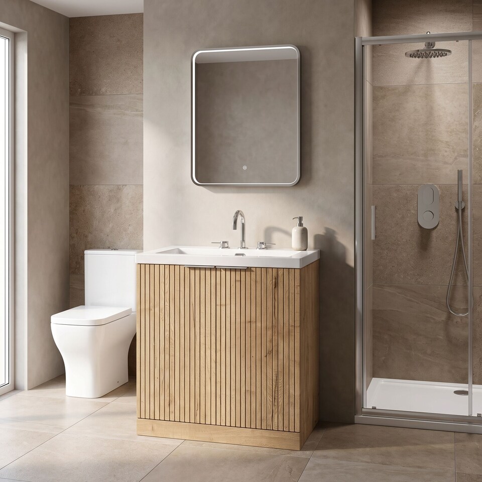 image 1 of Balterley Callingwood Contemporary Floor Standing 2 Door Vanity Unit with 3 Tap Hole Fireclay Basin , 800mm, Autumn Oak