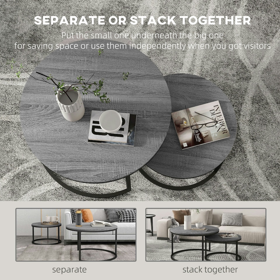 image 1 of HOMCOM 2 Pcs Stacking Coffee Table Set Steel Frame, Marble Grey Black
