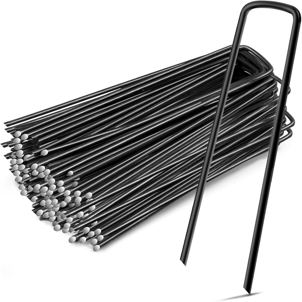 image 1 of Weed Control Membrane Pegs100 pc 6''/150mm U-shaped multi-purpose steel Garden Securing Pegs Black