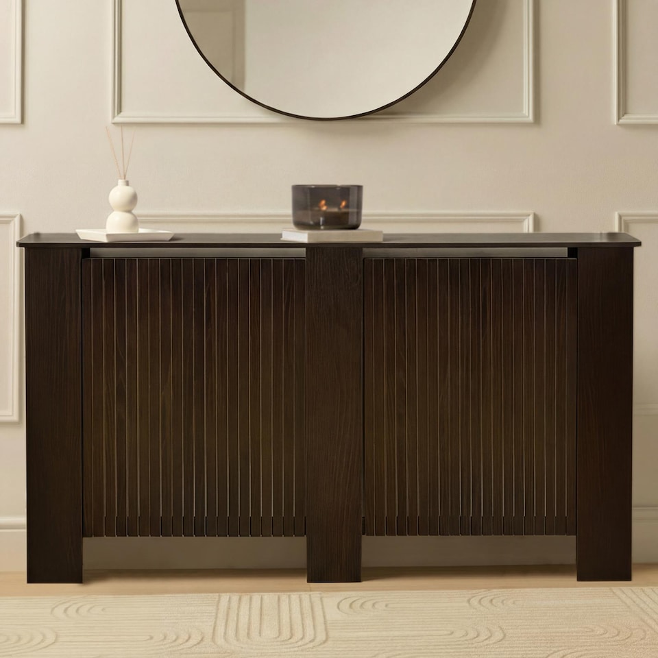 image 1 of OHS Ribbed Large Radiator Cover Slatted Engineered Wood | Brown | Dark Brown Wood