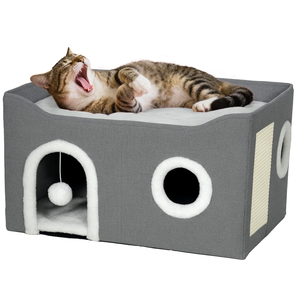 image 1 of PawHut Cat Cave with Fluffy Ball and Scratch Pad for Indoor Pets