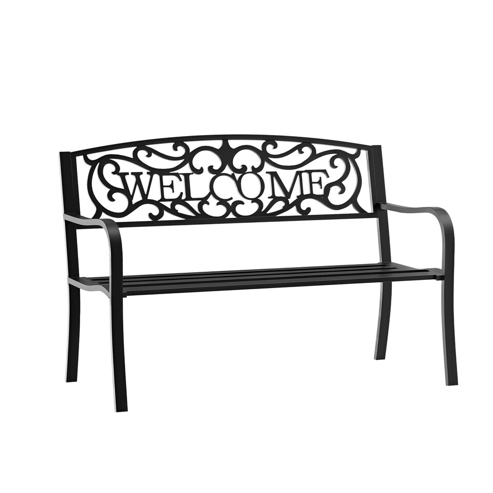 image 1 of Outsunny Garden Bench, Metal Outdoor Bench Seat, 2 Seater Patio Loveseat with Welcome Backrest, Armrests and Slatted Seat, 240 KG Capacity for Park, Porch, Black