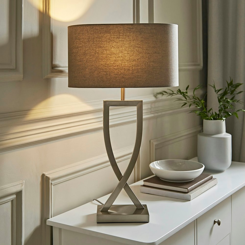 image 1 of ValueLights Katniss Brushed Chrome Table Lamp with Oval Shade Chrome | Grey