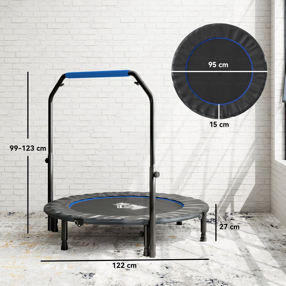 image 1 of HOMCOM 48" Foldable Mini Trampoline Fitness Trampoline Rebounder for Adults with Adjustable Foam Handle, for Indoors, Outdoors, Cardio Training, Blue | Blue
