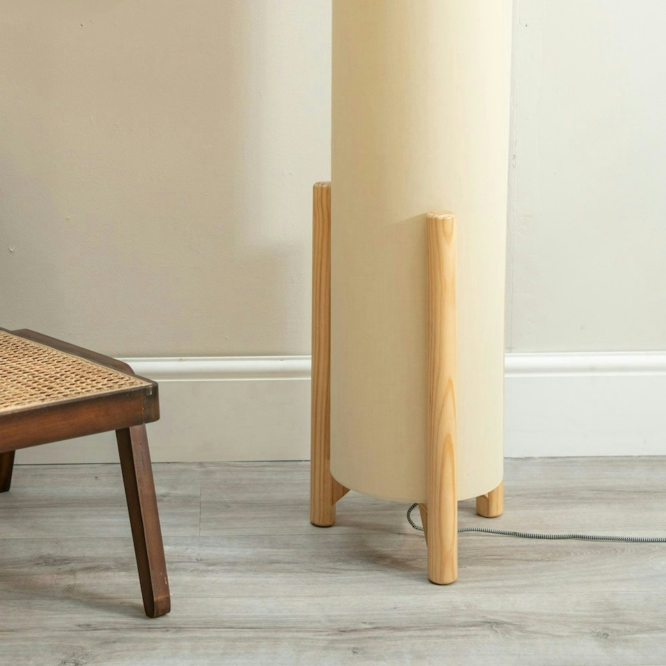 image 1 of ValueLights Henry Wooden Base Midi Floor Lamp with Tall Natural Fabric Shade with LED Bulb Cream