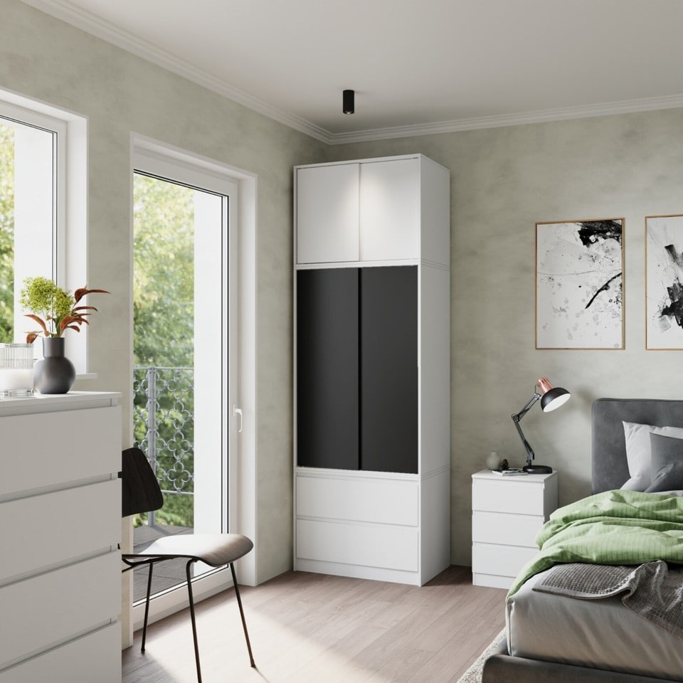 image 1 of 240cm 2 Sliding Doors Wardrobe Bedroom Storage Closet Hanging Rail Cupboard Unit | Multi | White Carcass & Black Doors | 1