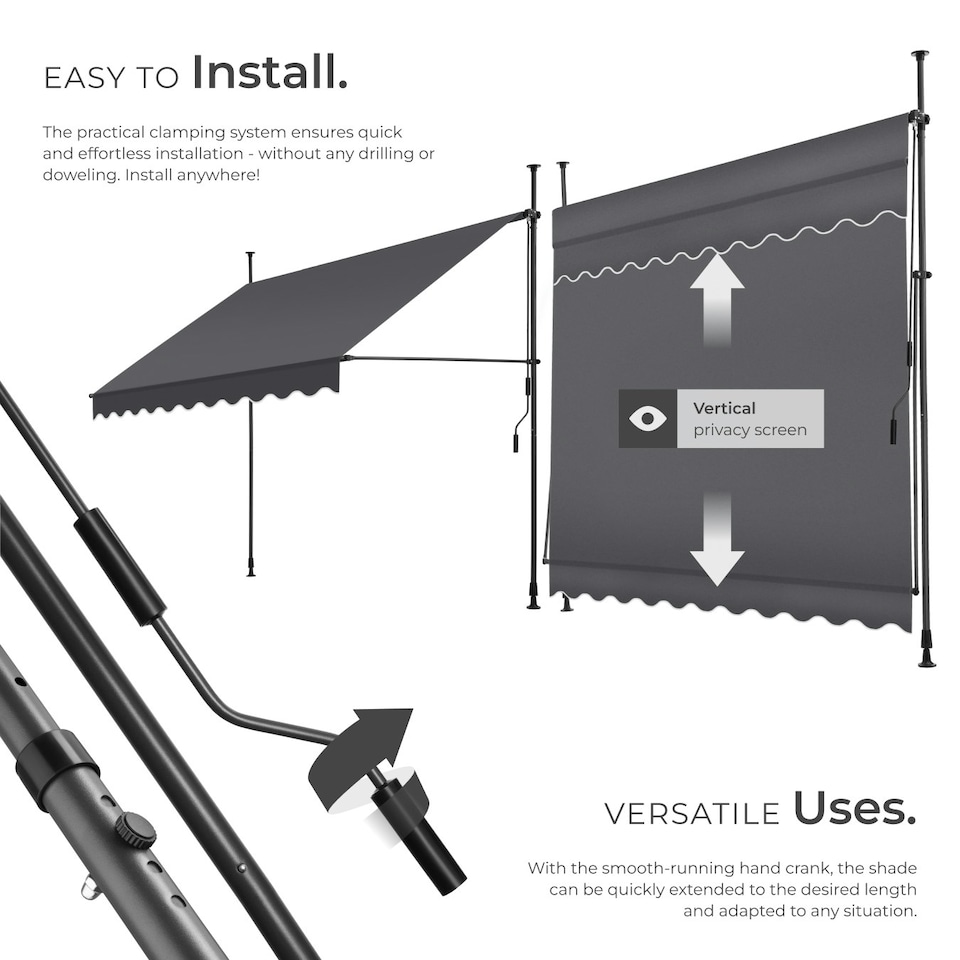 image 1 of Awning with hand crank - pressure fitted , height adjustable Black | Grey | 180 x 250 cm