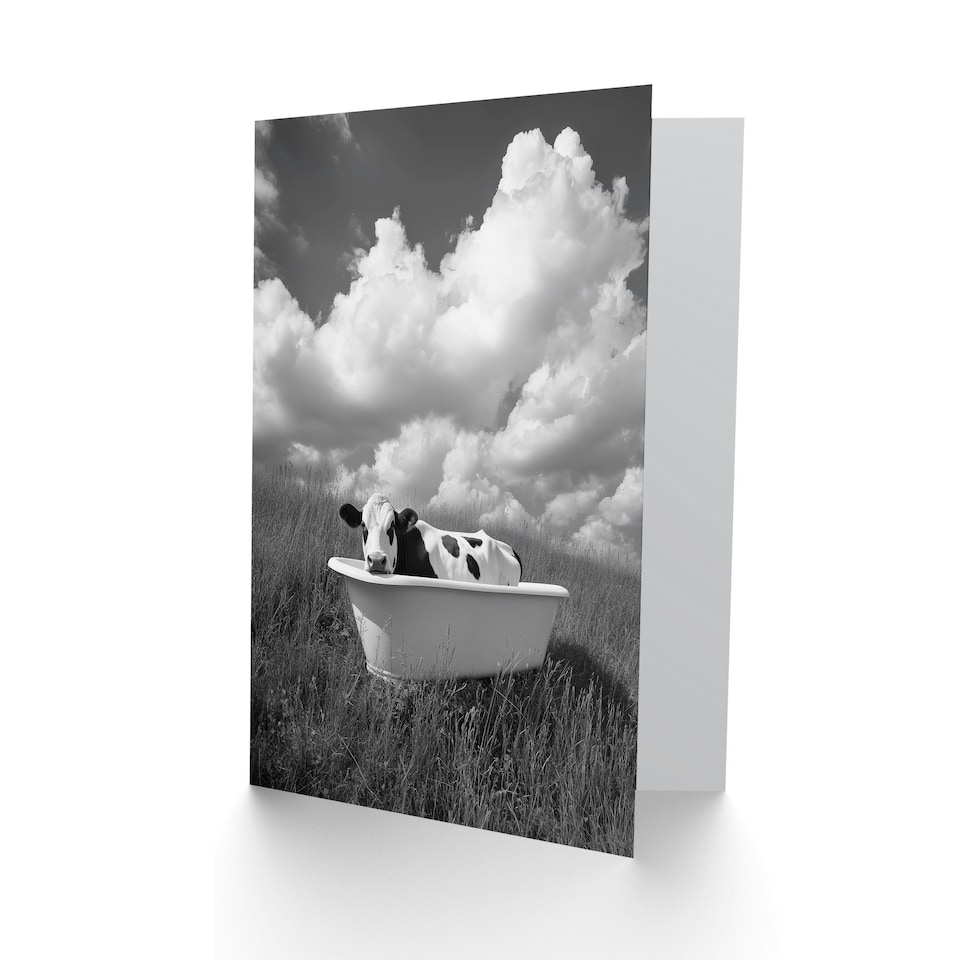 image 1 of Cow In Bathtub in a Field Black White Surreal Birthday Greeting Card