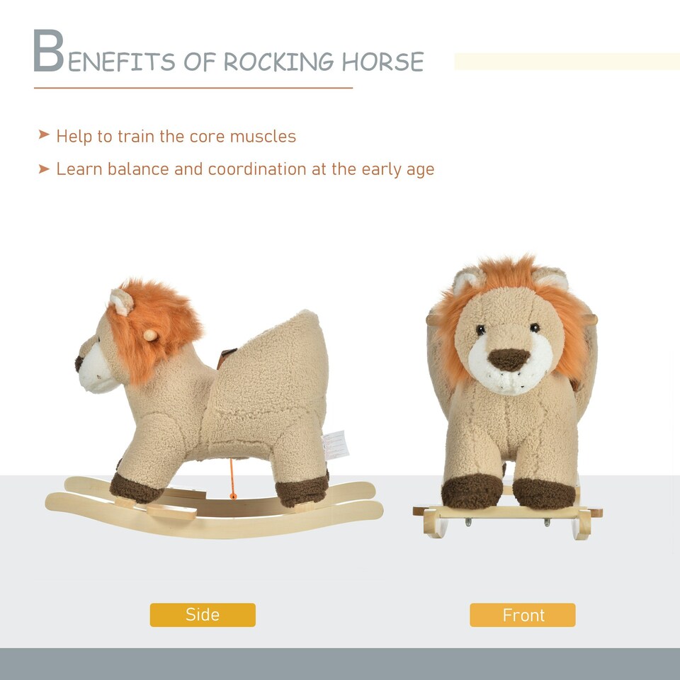 image 1 of HOMCOM Kids Rocking Lion Plush Ride On Seat w/ Sound Button Wood Base Seat Belt