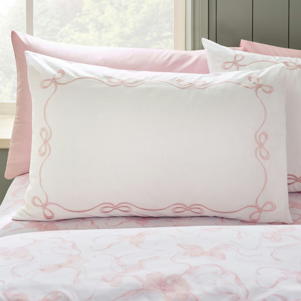 image 1 of Catherine Lansfield Bow Embroidery Duvet Cover Set White / Pink Pink | White / Pink | Double