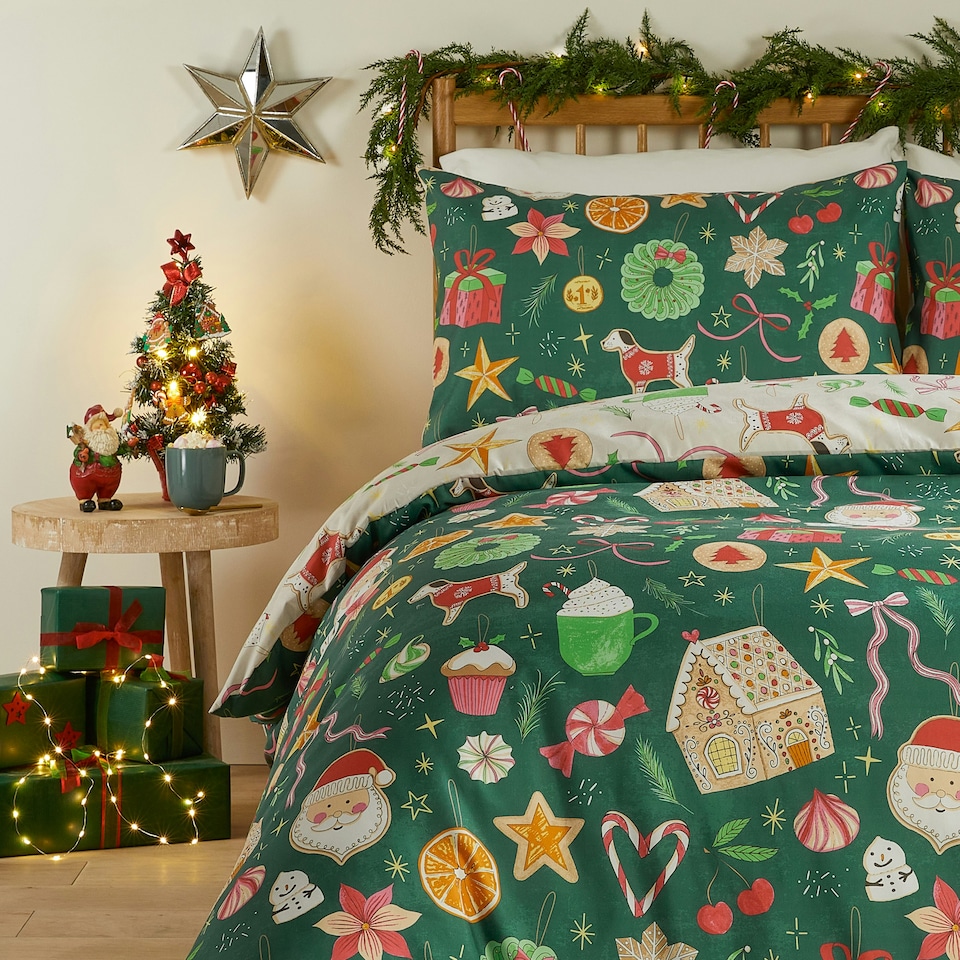 image 1 of Duvet Day Festive Treats Printed Soft Touch Double Duvet Set | Green | Double | 1