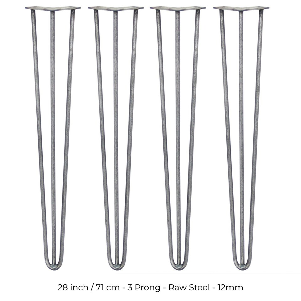 image 1 of 4 x 28" Hairpin Legs - 3 Prong - 12mm - Raw Steel | Silver | 1