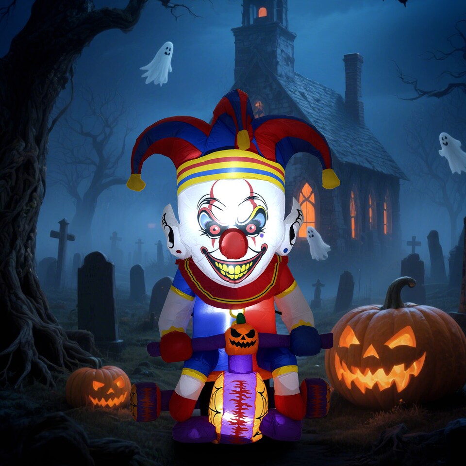 image 1 of Outsunny 4ft Blow Up Outdoor Halloween Decoration, Clown on Bicycle