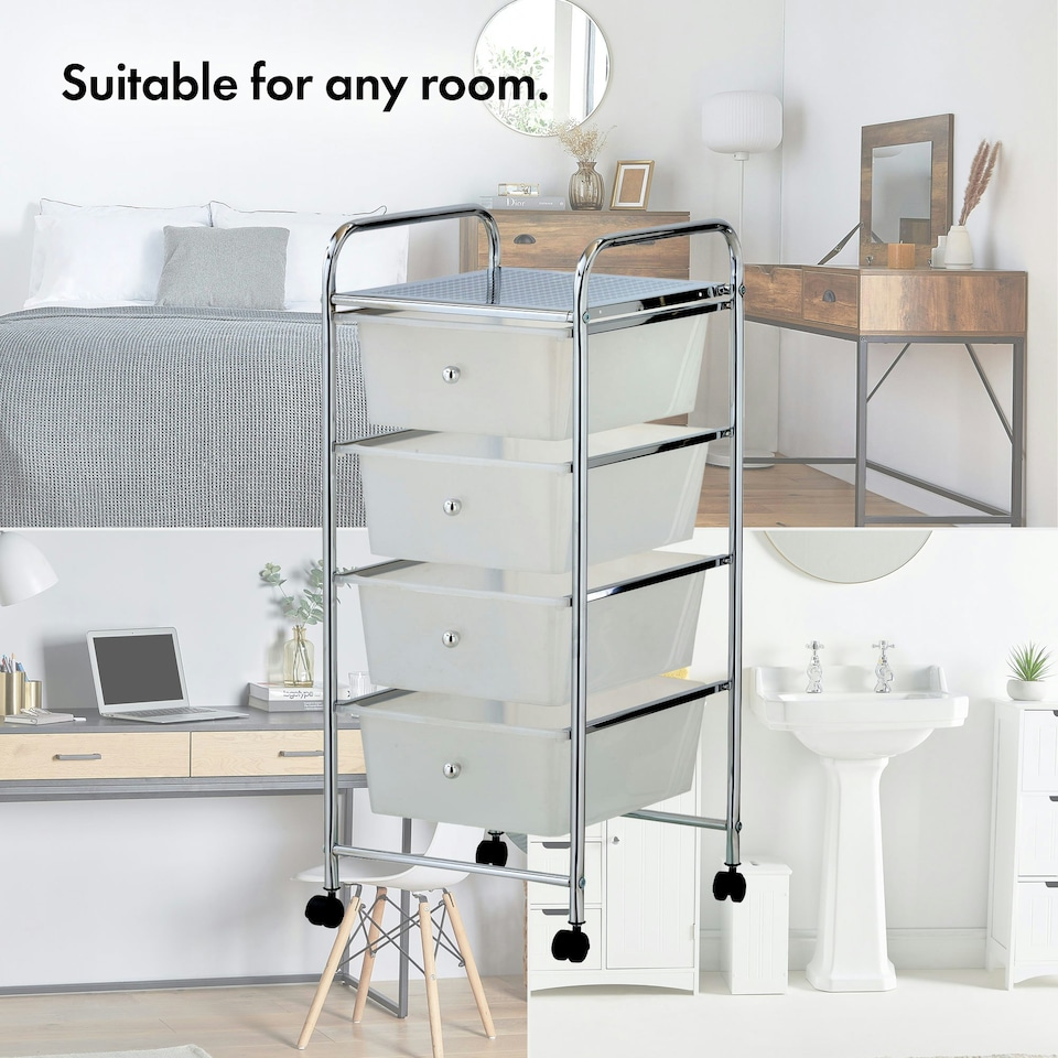 image 1 of VonHaus 4 Drawer White Storage Trolley with 360° Wheels