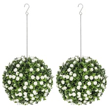 HOMCOM Set of 2 Decorative Artificial Plants, UV-protected Artificial Plant Topiary Rose Balls, Fake Plants for Home Indoor outdoor Decor, 28cm, White