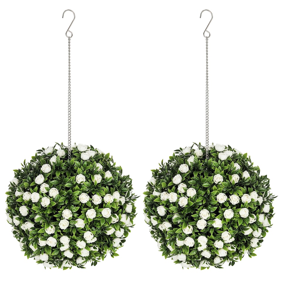 image 1 of HOMCOM Set of 2 Decorative Artificial Plants, UV-protected Artificial Plant Topiary Rose Balls, Fake Plants for Home Indoor outdoor Decor, 28cm, White