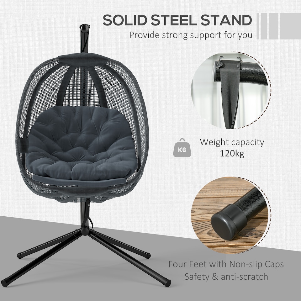 image 1 of Outsunny Outdoor Swing Chair with Thick Padded Cushion, Patio Hanging Chair with Metal Stand, Egg Chair with Foldable Basket, Cup Holder, for Indoor and Outdoor, Dark Grey | Grey | Dark Grey