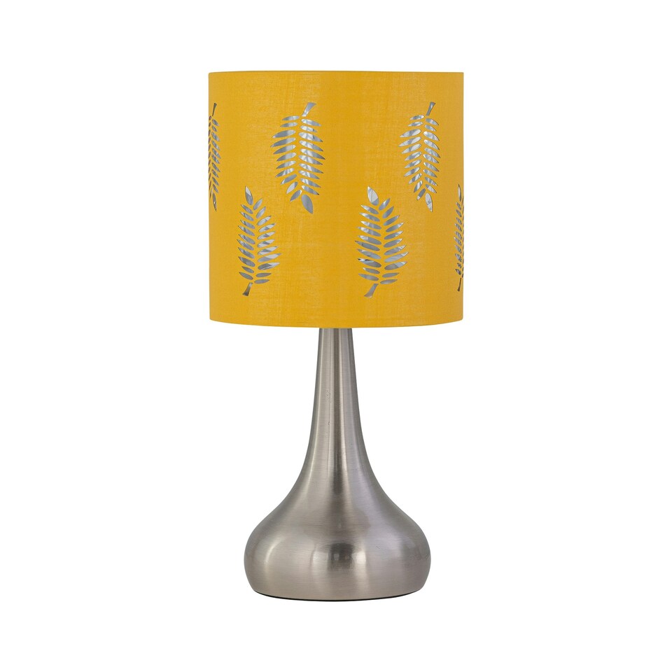 image 1 of Set of 2 Romana - Brushed Chrome Touch Operated Table Lamps Bedside Lights Ochre Fern Shade Silver | Yellow