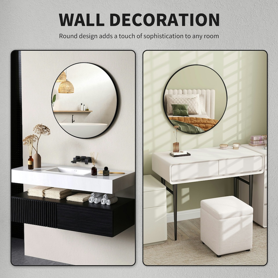 image 1 of HOMCOM Round Bathroom Mirror, Modern Wall Mirror with Steel Frame, Black