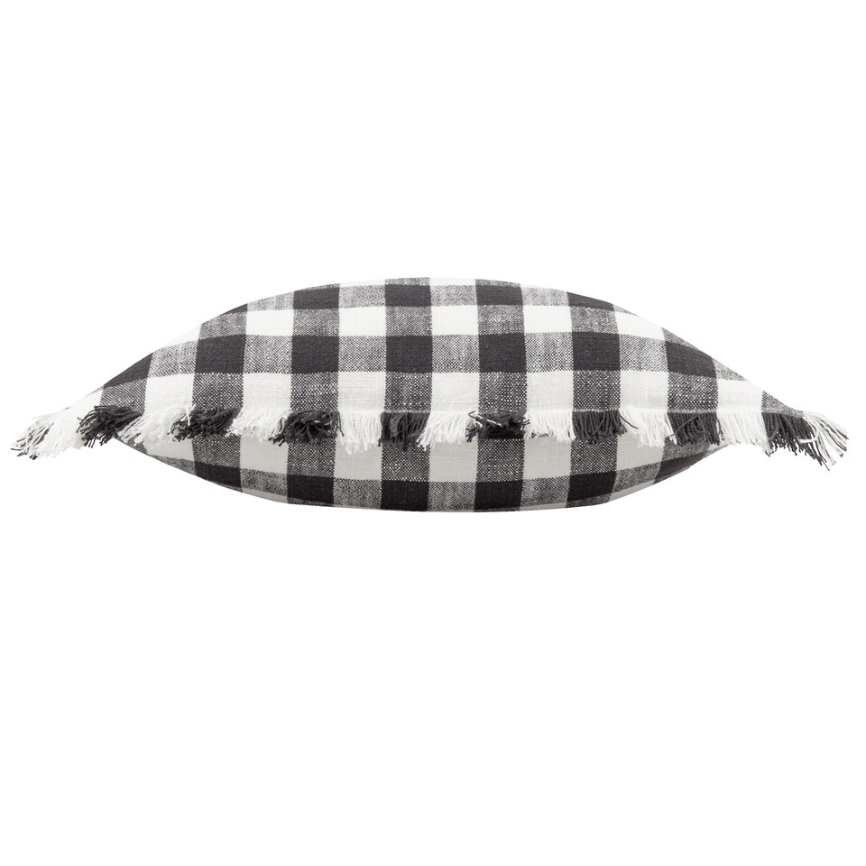 image 1 of Yard Barton Check Fringed Cushion, Black, 45 x 45cm