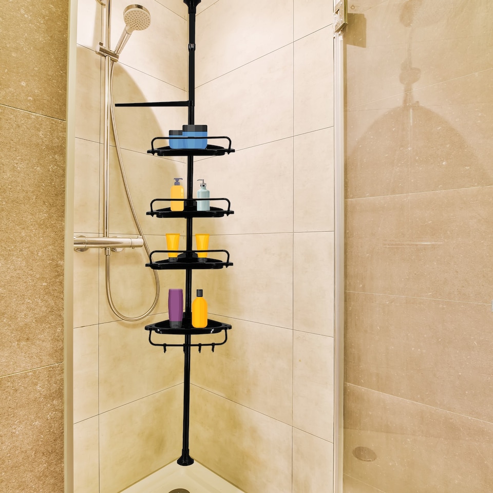 image 1 of 4-Tier Telescopic Corner Shower Caddy Bathroom Wall Shelf & Storage Organizer