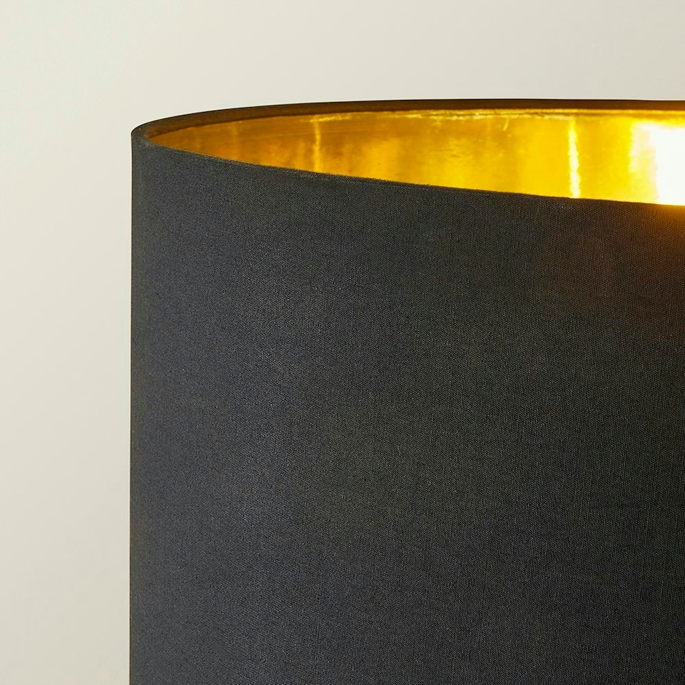image 1 of ValueLights Christina Black with Metallic Gold Drum Shade Gold Palm Leaf Floor Lamp and Bulb Gold