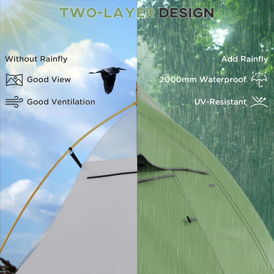 image 1 of Outsunny Double Layer Camping Tent for 1-2 Man, 2000mm Waterproof, Green
